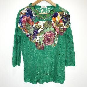 Gil Santucci Italy Green Sequin Beaded Floral Sweater Top Womens Medium Green